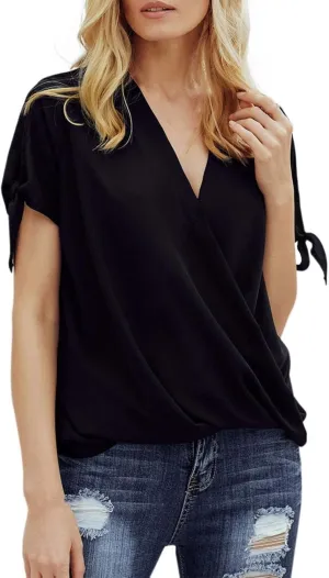 SHAOBGE Womens Tank Tops Summer Wrap V Neck Sleeveless/Short Sleeve Blouse Trendy Pleated Tanks Vest Elegant Tunic Tee Shirt
