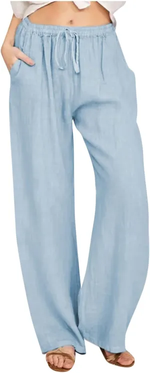 SHOPESSA Wide Leg Linen Pants for Women Soft Casual Drawstring Tie Elastic Waist Loose Pants Summer Beach Pockets Trousers