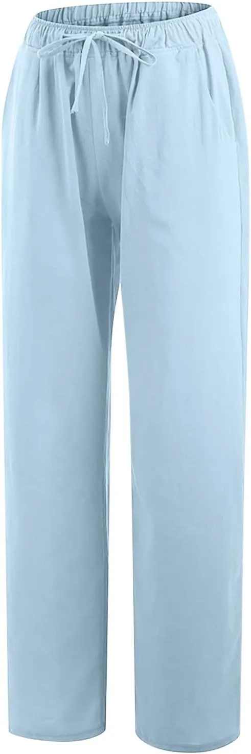 SHOPESSA Wide Leg Linen Pants for Women Soft Casual Drawstring Tie Elastic Waist Loose Pants Summer Beach Pockets Trousers
