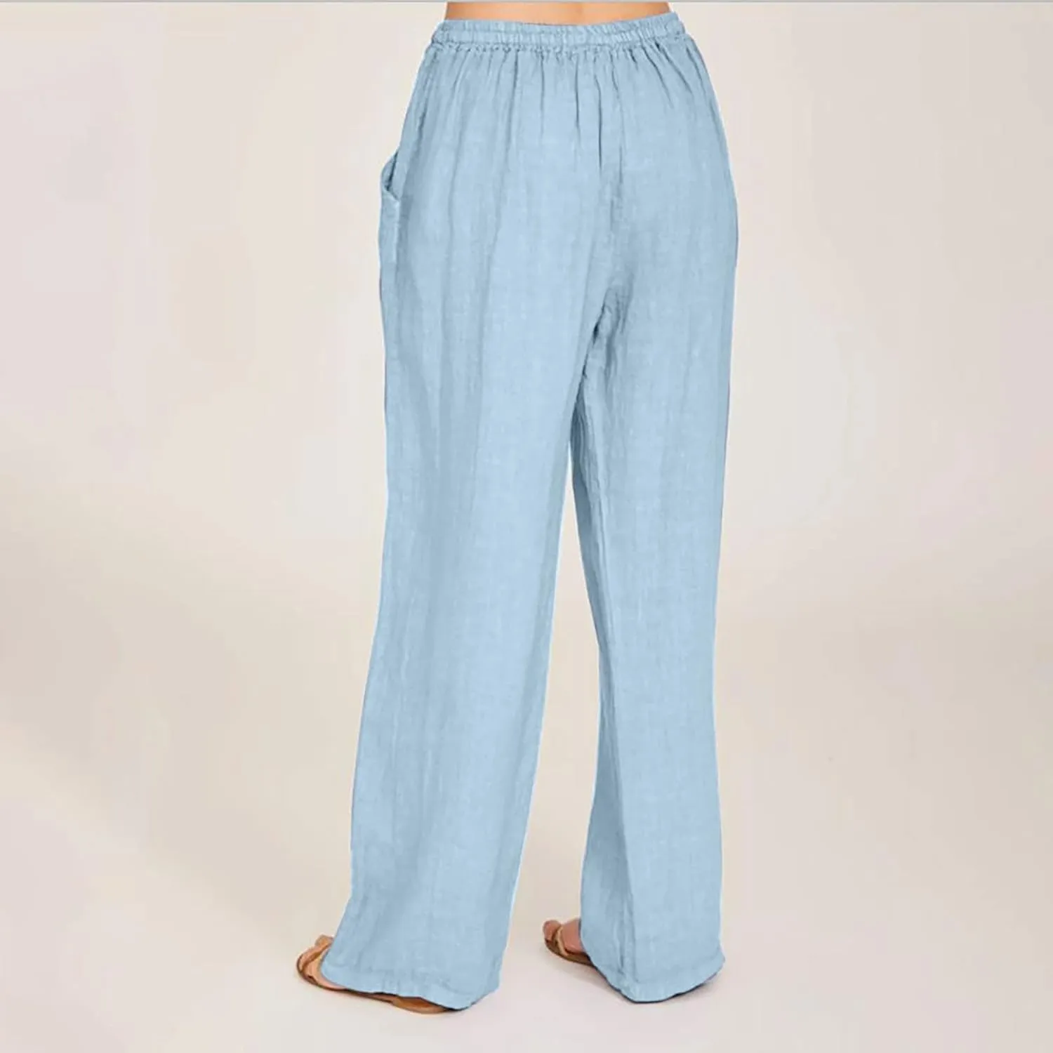 SHOPESSA Wide Leg Linen Pants for Women Soft Casual Drawstring Tie Elastic Waist Loose Pants Summer Beach Pockets Trousers