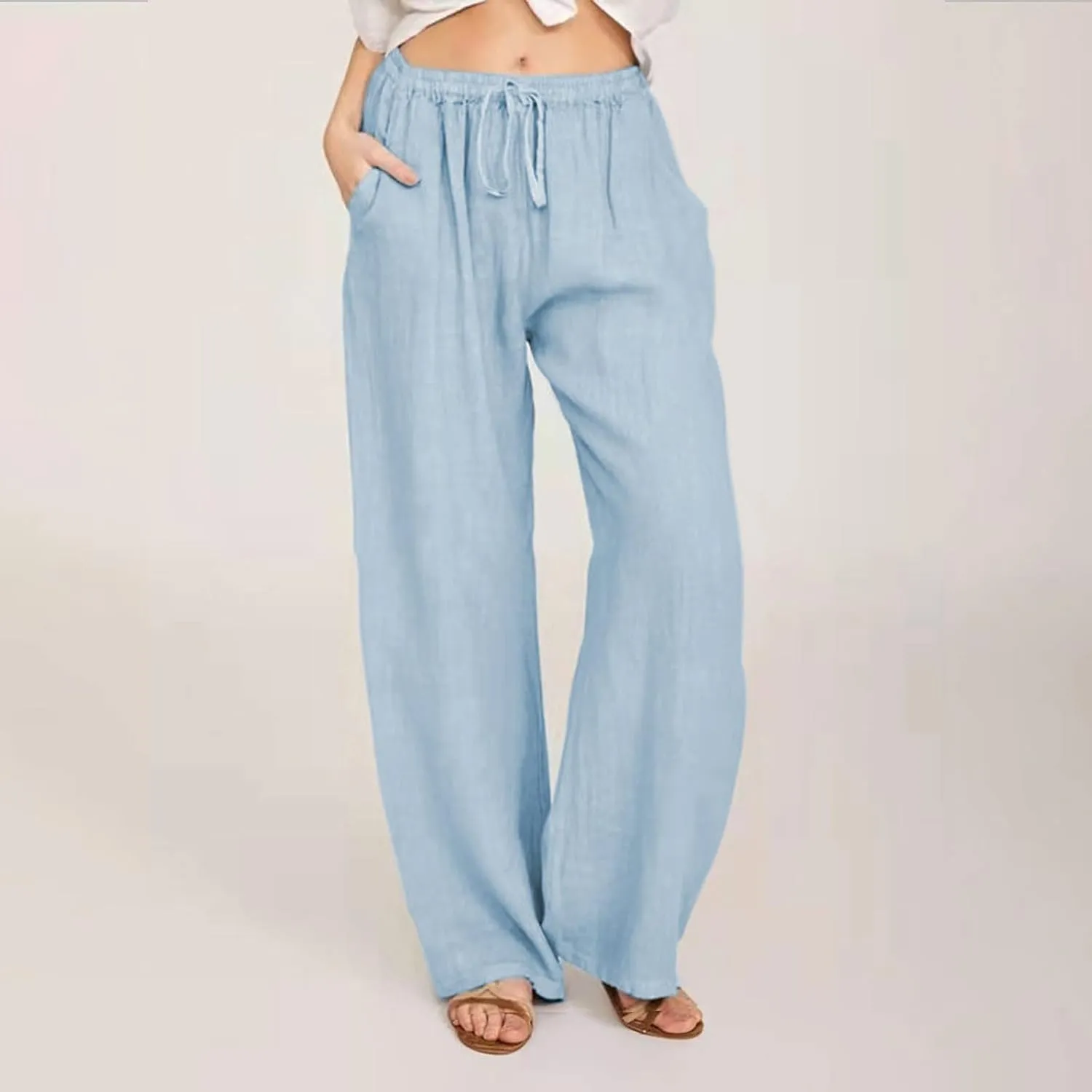 SHOPESSA Wide Leg Linen Pants for Women Soft Casual Drawstring Tie Elastic Waist Loose Pants Summer Beach Pockets Trousers