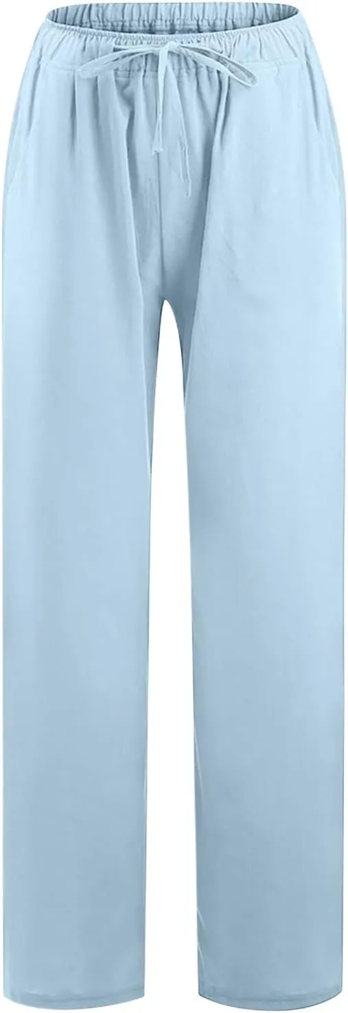 SHOPESSA Wide Leg Linen Pants for Women Soft Casual Drawstring Tie Elastic Waist Loose Pants Summer Beach Pockets Trousers