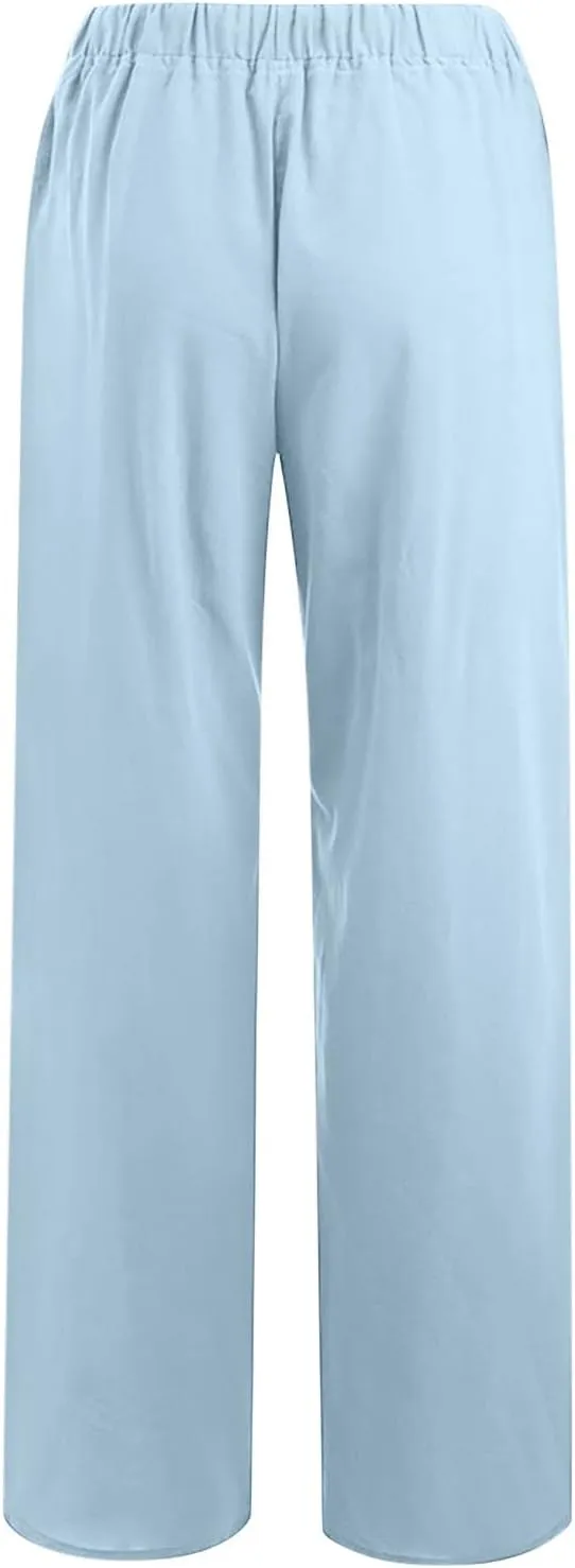 SHOPESSA Wide Leg Linen Pants for Women Soft Casual Drawstring Tie Elastic Waist Loose Pants Summer Beach Pockets Trousers