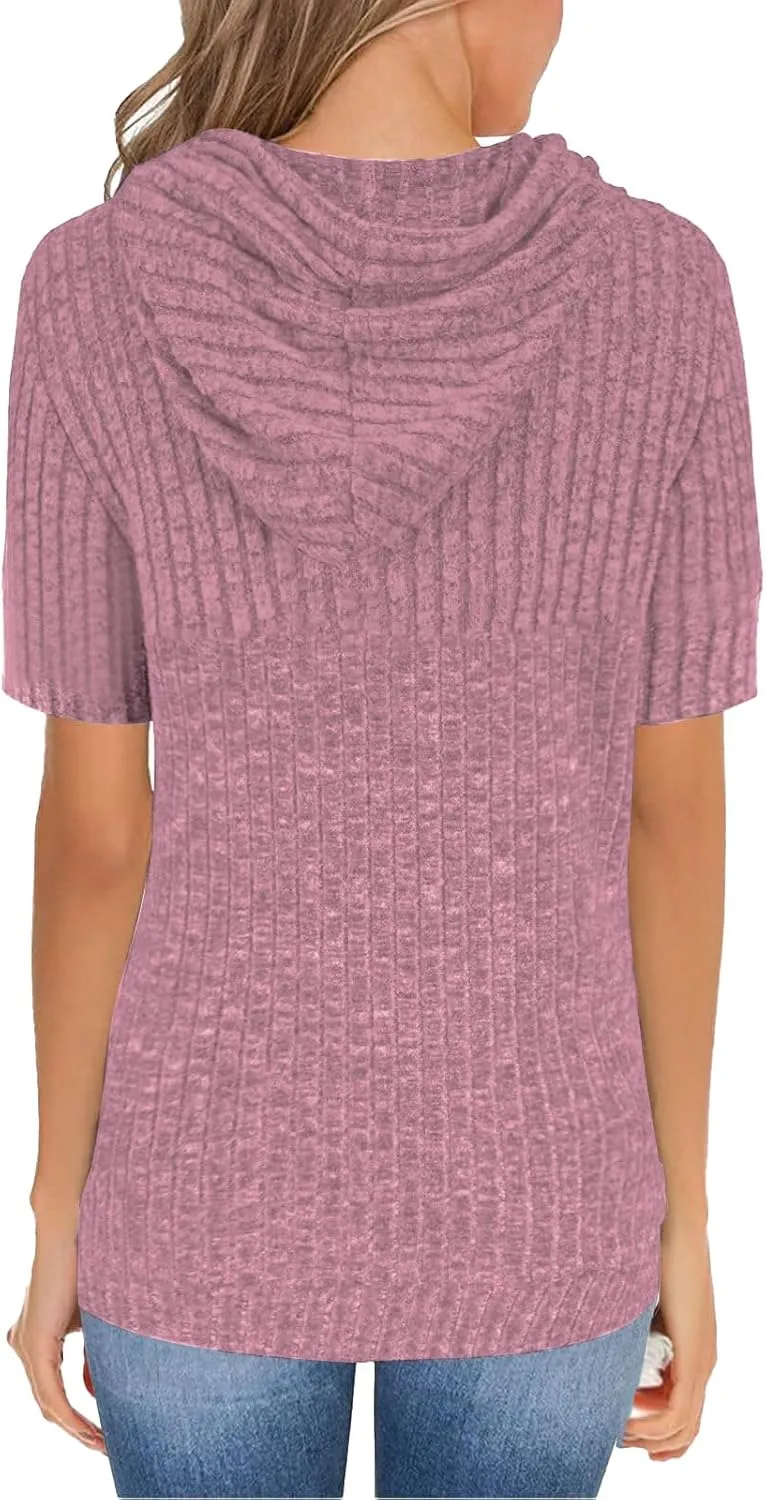 Short Sleeve Hoodies for Women Ribbed Knit Tops Casual T Shirts Oversized Sweatshirts Pullover with Kangaroo Pocket