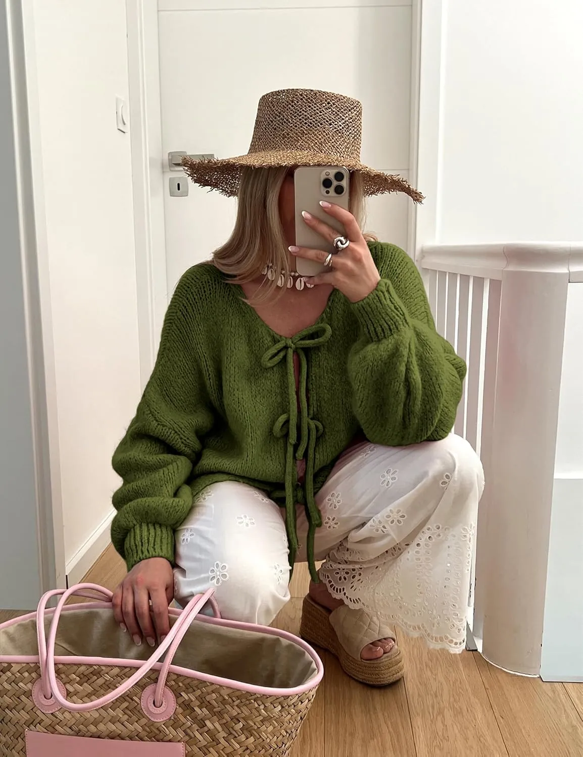 SKIKYAN Women Bowtie Oversized Knit Sweater Cardigan Y2K Long Sleeve V Neck Open Front Casual Knitwears