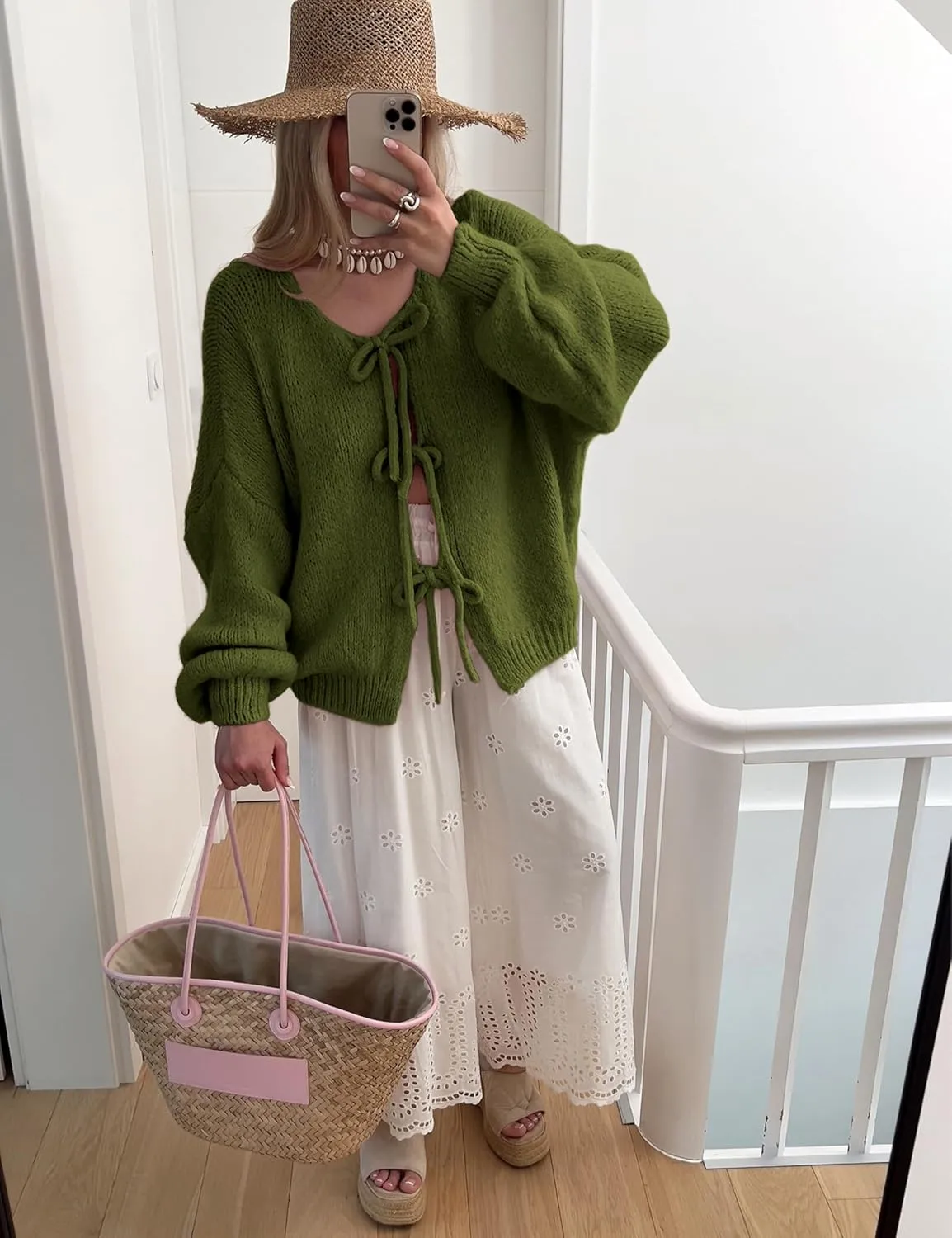SKIKYAN Women Bowtie Oversized Knit Sweater Cardigan Y2K Long Sleeve V Neck Open Front Casual Knitwears