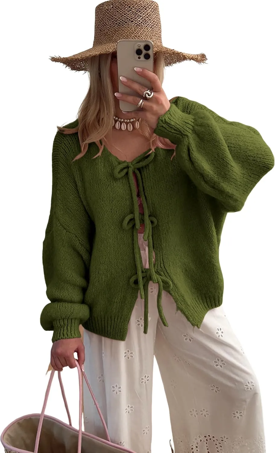 SKIKYAN Women Bowtie Oversized Knit Sweater Cardigan Y2K Long Sleeve V Neck Open Front Casual Knitwears