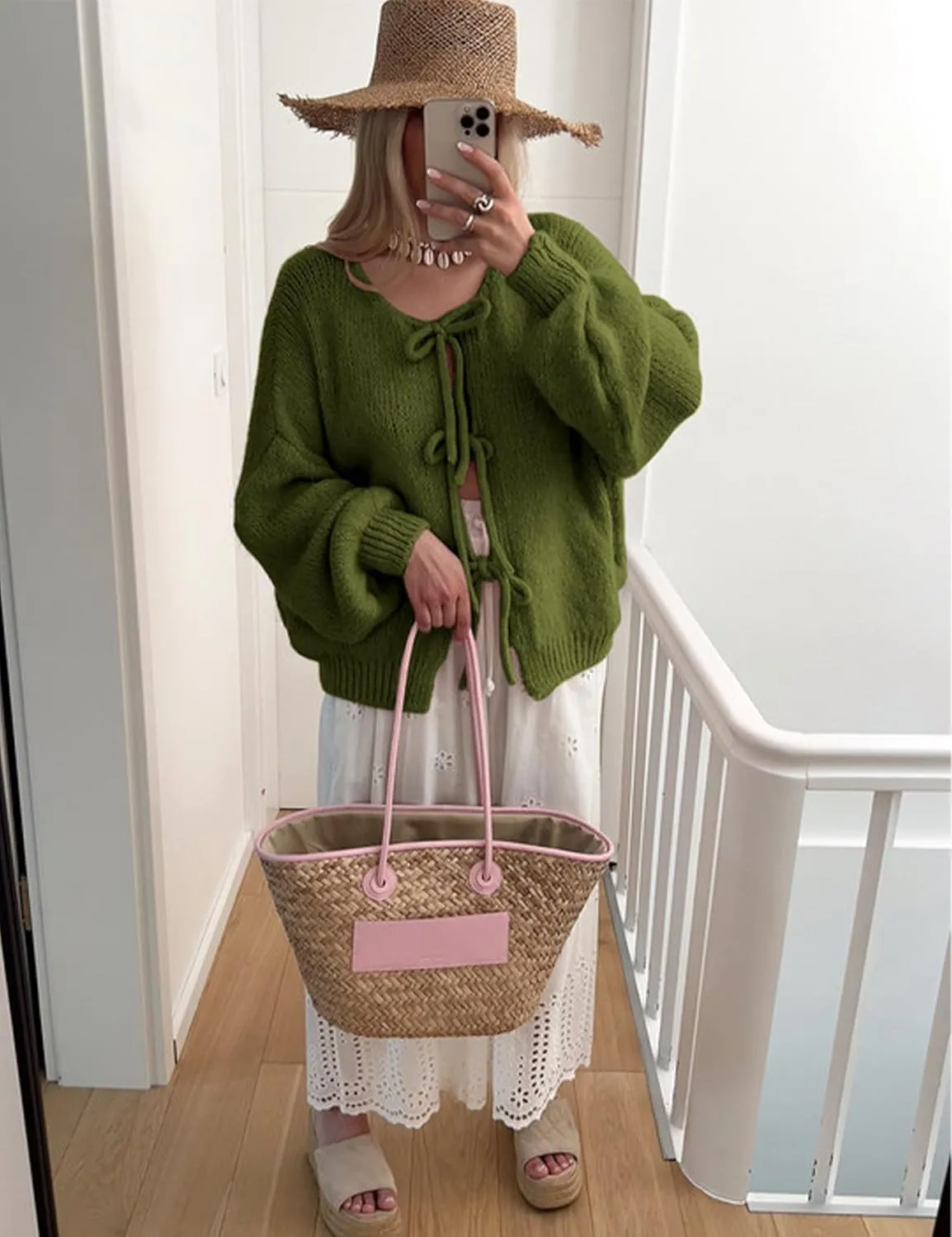 SKIKYAN Women Bowtie Oversized Knit Sweater Cardigan Y2K Long Sleeve V Neck Open Front Casual Knitwears