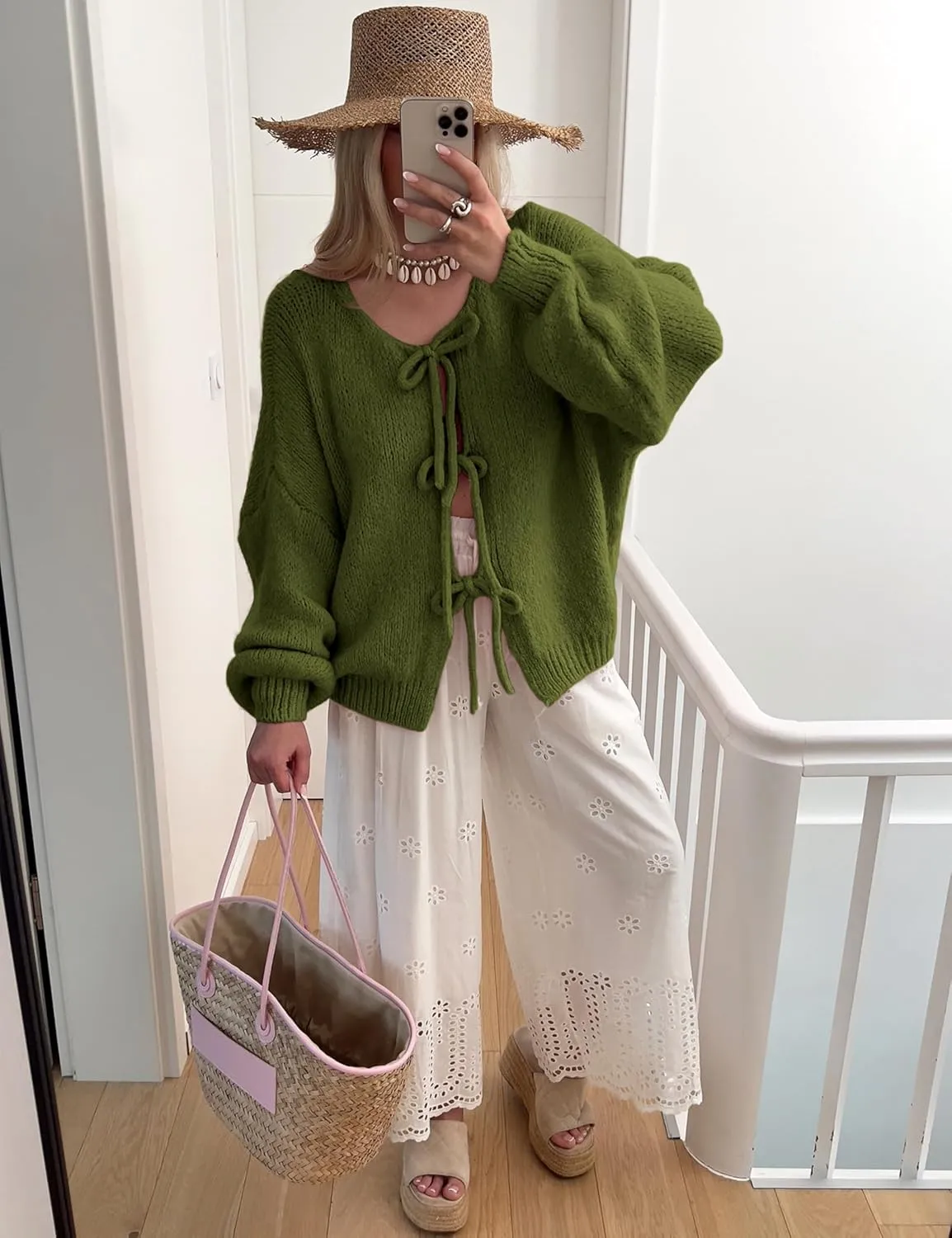 SKIKYAN Women Bowtie Oversized Knit Sweater Cardigan Y2K Long Sleeve V Neck Open Front Casual Knitwears