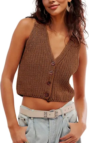 SKIKYAN Womens Casual Knit Sweater Vest Button Down Sleeveless Crochet Crop Short Cardigans