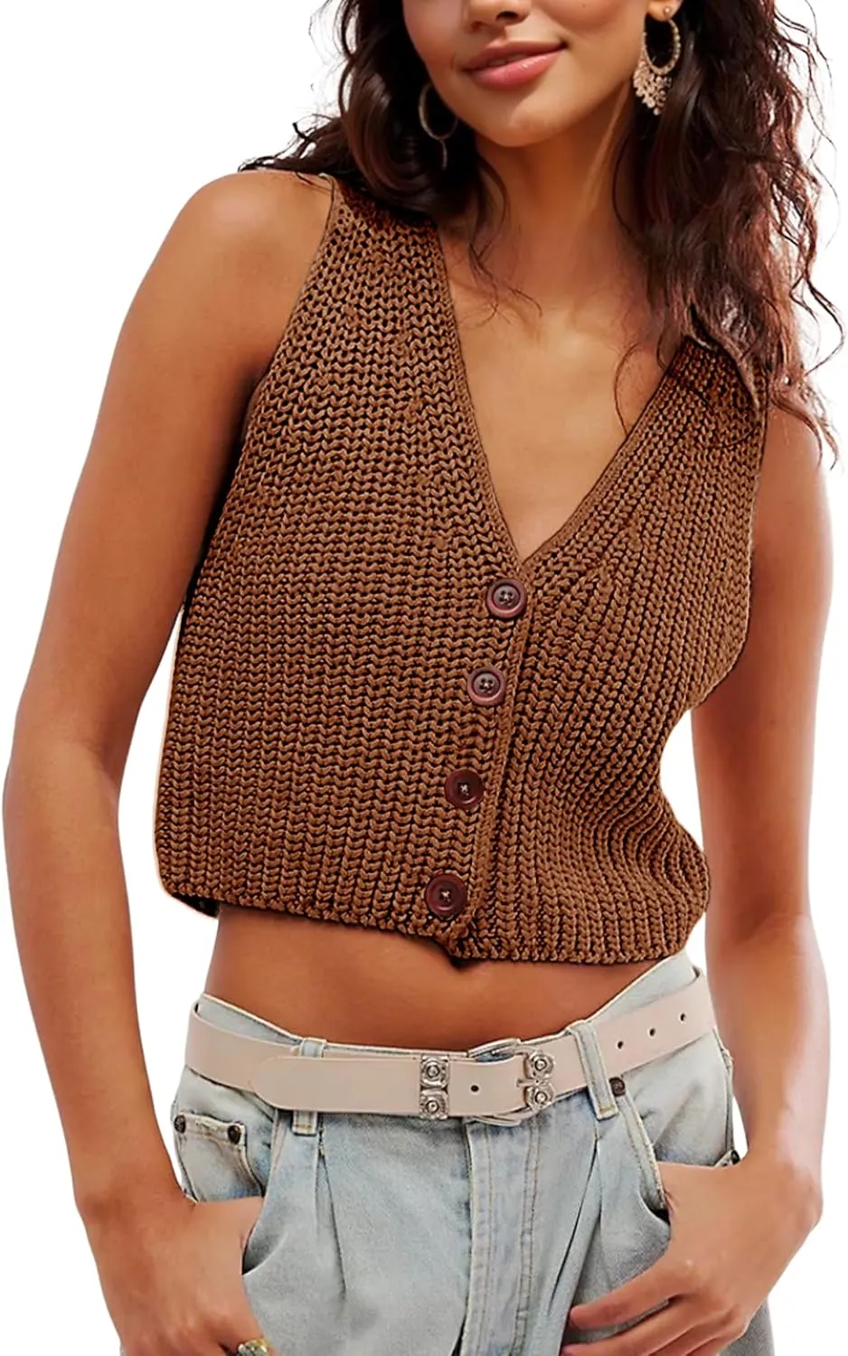 SKIKYAN Womens Casual Knit Sweater Vest Button Down Sleeveless Crochet Crop Short Cardigans