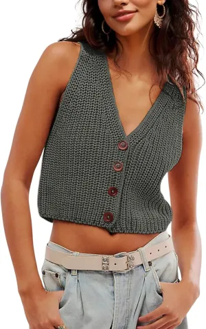 SKIKYAN Womens Casual Knit Sweater Vest Button Down Sleeveless Crochet Crop Short Cardigans