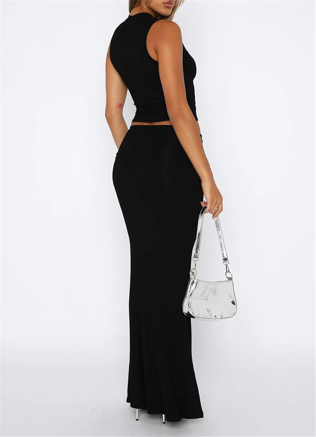 Skirt Sets Women 2 Piece Outfits - Sexy Two Pc Sleeveless Tank Crop Top Fold Over Maxi Long Skirts
