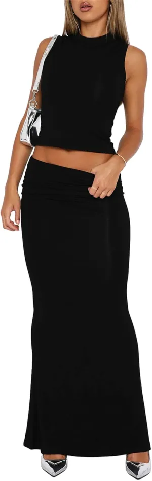 Skirt Sets Women 2 Piece Outfits - Sexy Two Pc Sleeveless Tank Crop Top Fold Over Maxi Long Skirts