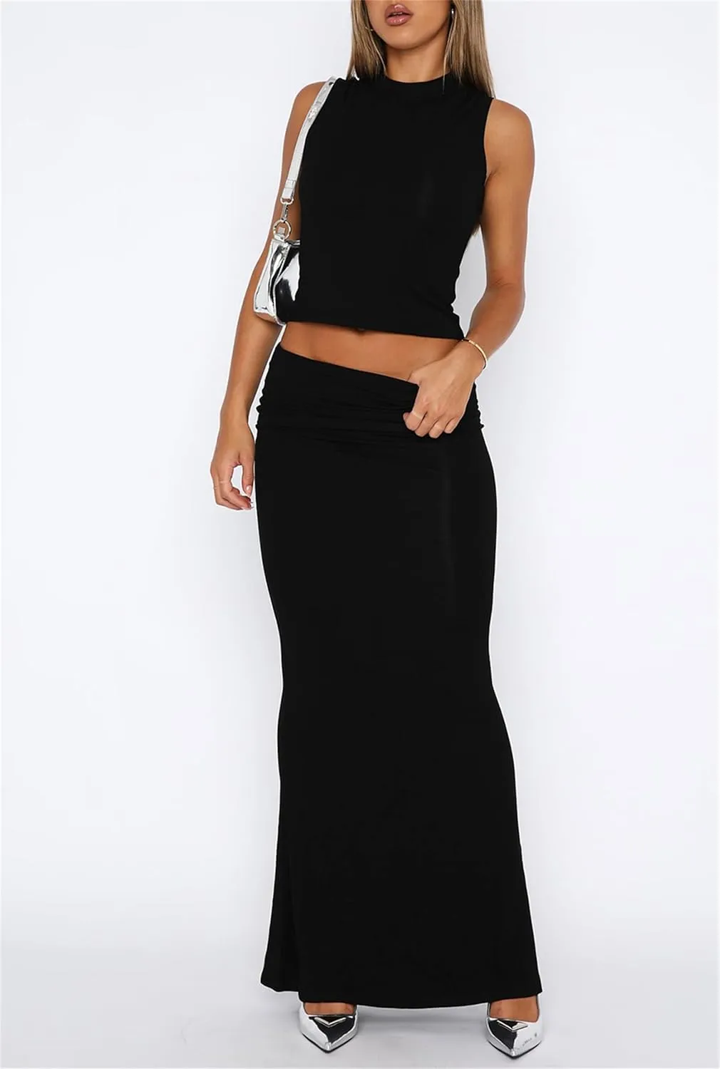 Skirt Sets Women 2 Piece Outfits - Sexy Two Pc Sleeveless Tank Crop Top Fold Over Maxi Long Skirts