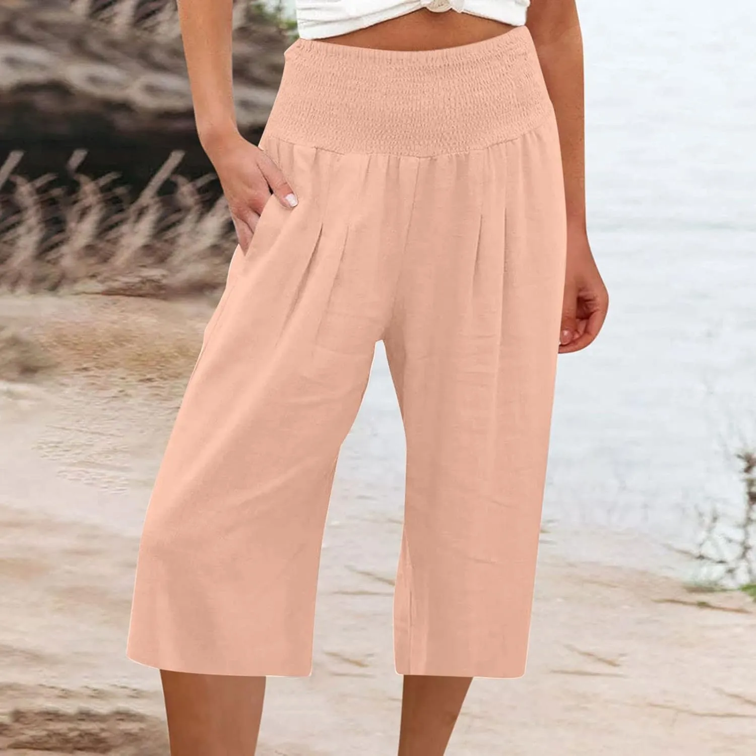 SMIDOW Capri Pants for Women Casual Summer Smocked Elastic High Waisted Linen Pant Solid Loose Wide Leg Capris Trousers