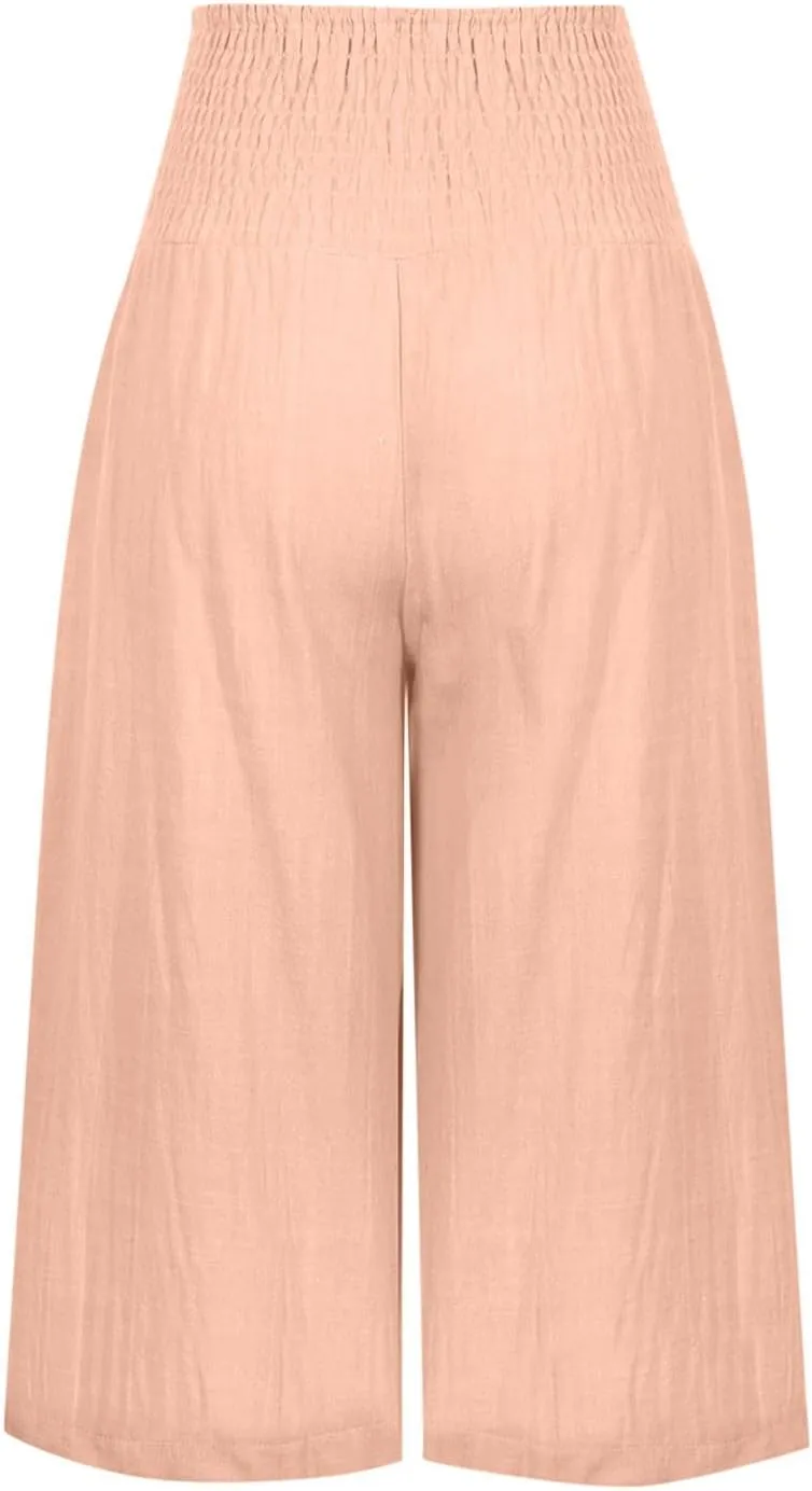 SMIDOW Capri Pants for Women Casual Summer Smocked Elastic High Waisted Linen Pant Solid Loose Wide Leg Capris Trousers