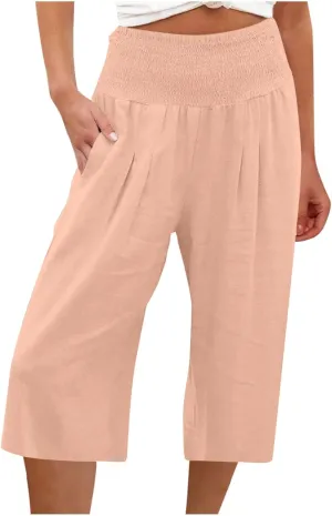 SMIDOW Capri Pants for Women Casual Summer Smocked Elastic High Waisted Linen Pant Solid Loose Wide Leg Capris Trousers