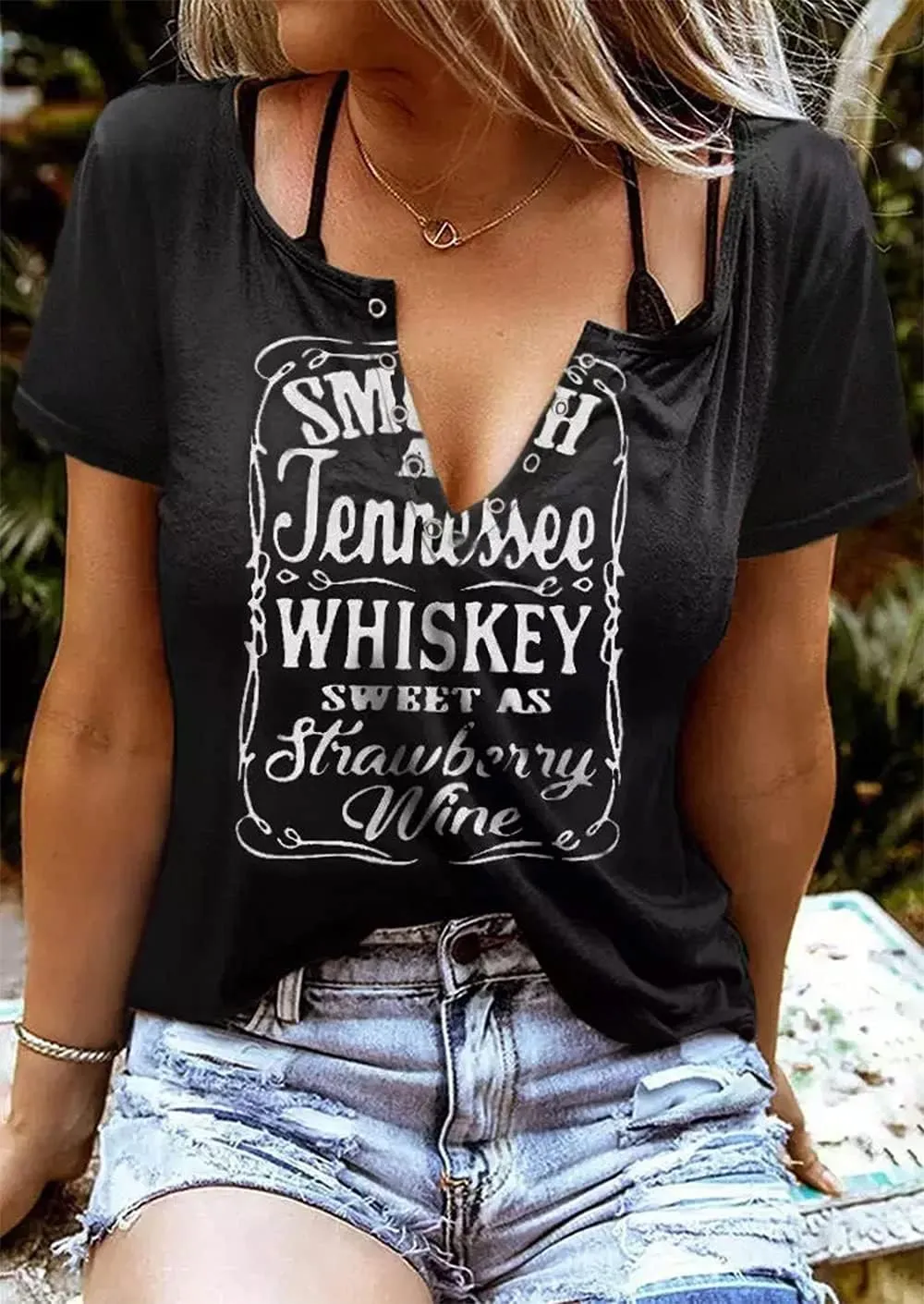 Smooth As Tennessee Whiskey Sweet As Strawberry Wine Country Music Tee Shirt for Women Summer Ring Hole V Neck T Shirts