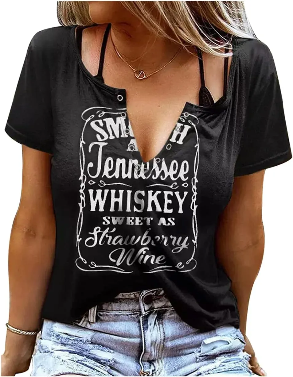 Smooth As Tennessee Whiskey Sweet As Strawberry Wine Country Music Tee Shirt for Women Summer Ring Hole V Neck T Shirts