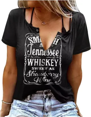 Smooth As Tennessee Whiskey Sweet As Strawberry Wine Country Music Tee Shirt for Women Summer Ring Hole V Neck T Shirts