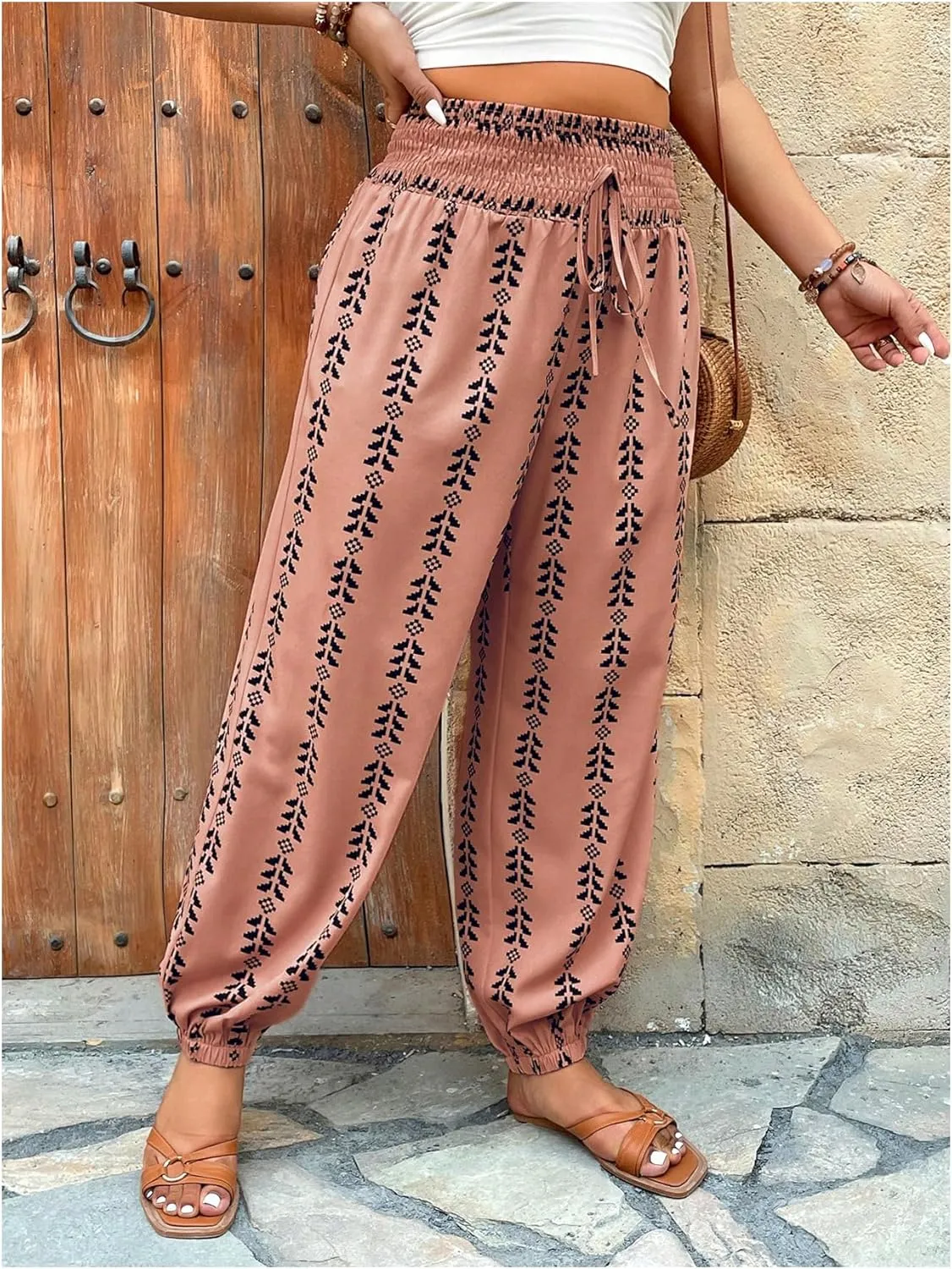 SOLY HUX Women's Plus Size Pants Printed Tie Front Elastic High Waisted Casual Vacation Joggers Pants