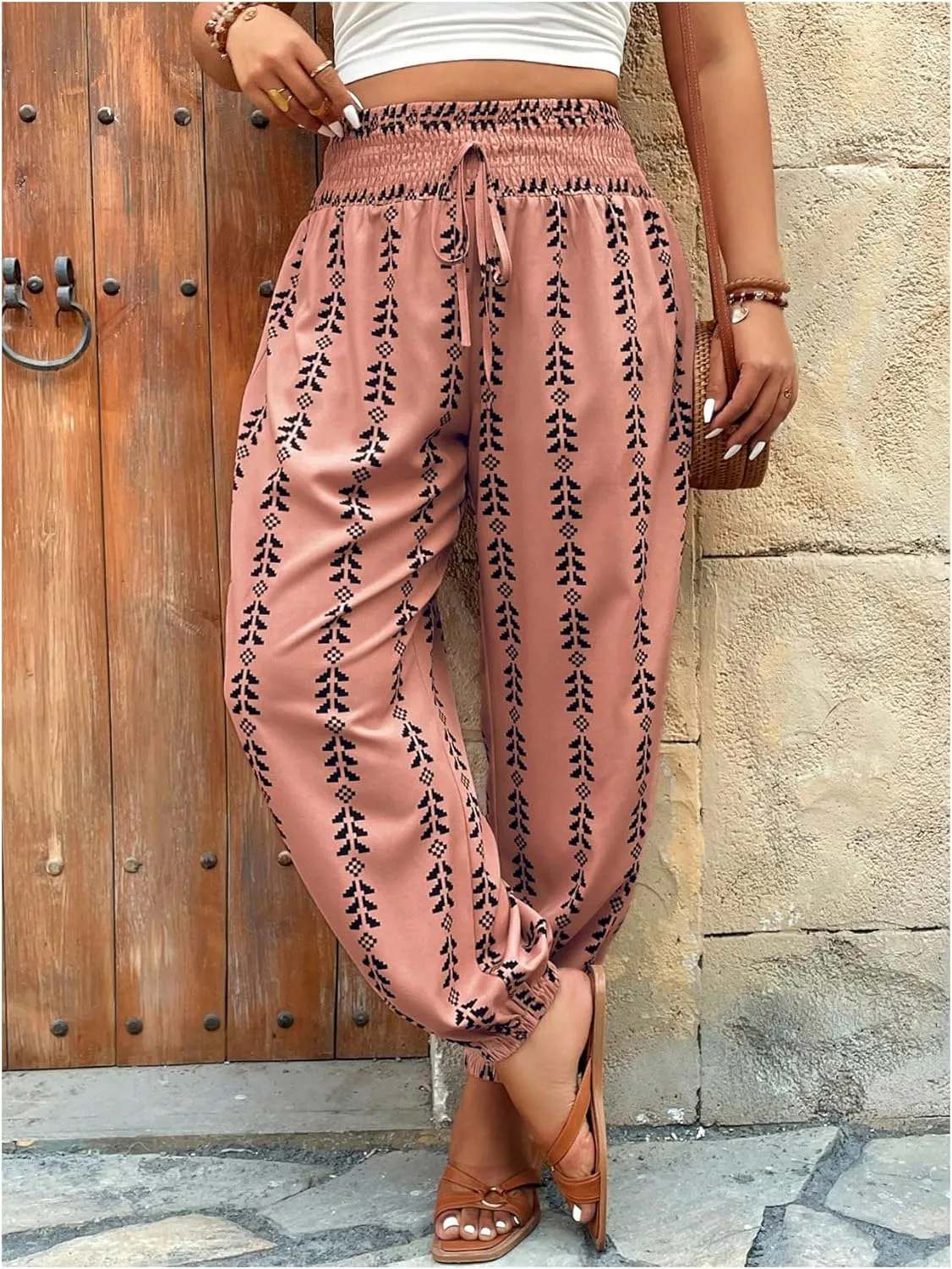 SOLY HUX Women's Plus Size Pants Printed Tie Front Elastic High Waisted Casual Vacation Joggers Pants