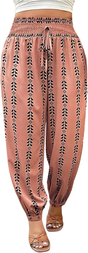SOLY HUX Women's Plus Size Pants Printed Tie Front Elastic High Waisted Casual Vacation Joggers Pants