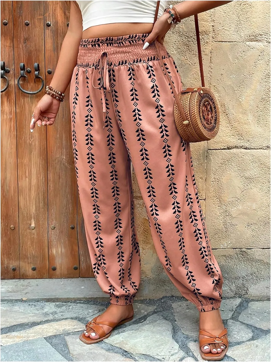 SOLY HUX Women's Plus Size Pants Printed Tie Front Elastic High Waisted Casual Vacation Joggers Pants