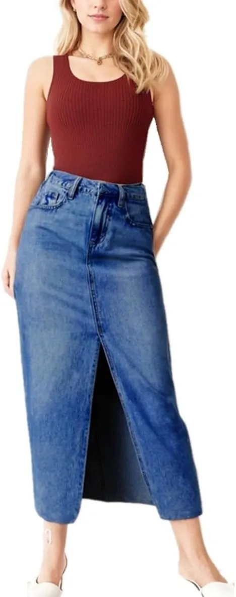Sorrica Women's High Waisted Denim Skirt Casual A-Line Split Front Long Jean Skirt with Pocket