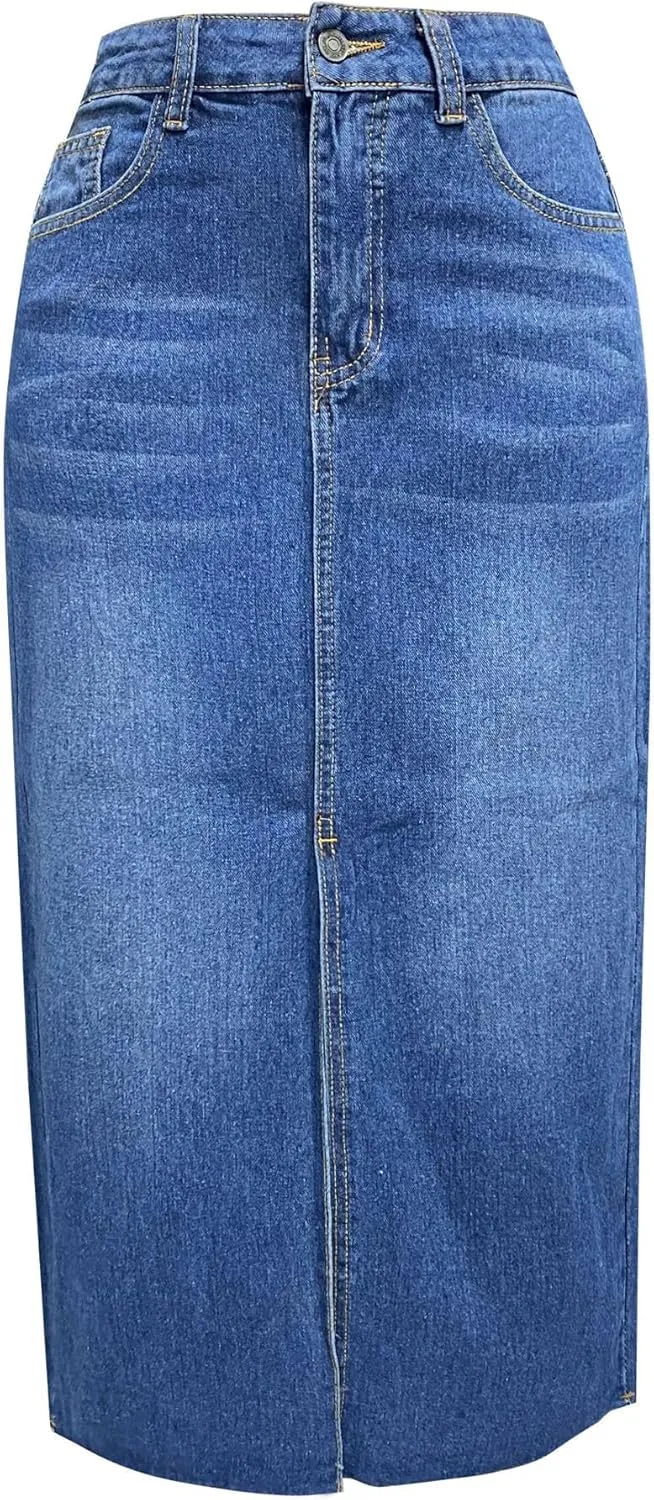 Sorrica Women's High Waisted Denim Skirt Casual A-Line Split Front Long Jean Skirt with Pocket