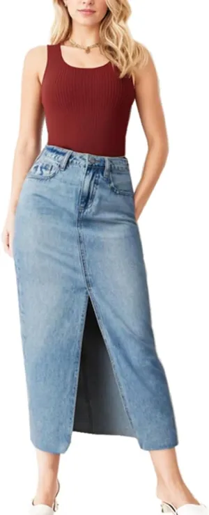 Sorrica Women's High Waisted Denim Skirt Casual A-Line Split Front Long Jean Skirt with Pocket