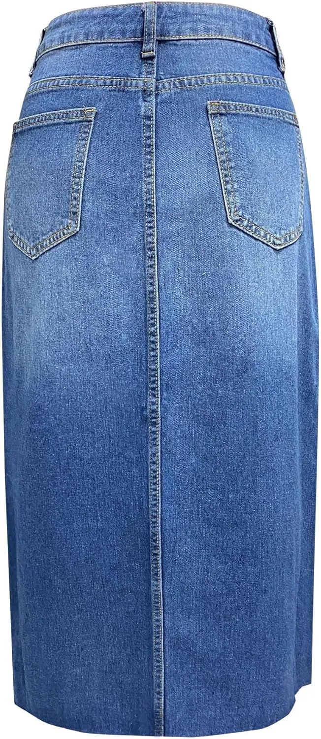 Sorrica Women's High Waisted Denim Skirt Casual A-Line Split Front Long Jean Skirt with Pocket