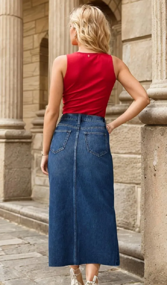 Sorrica Women's High Waisted Denim Skirt Casual A-Line Split Front Long Jean Skirt with Pocket