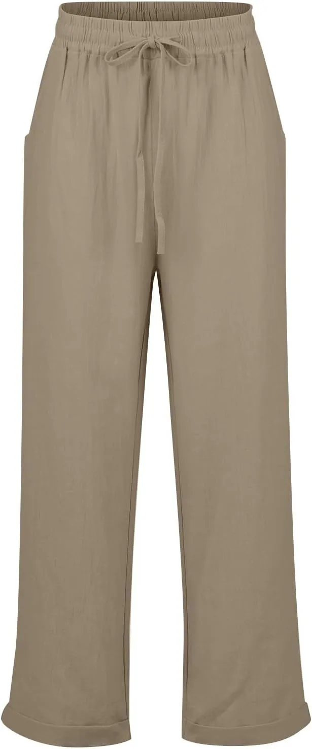 Straight Leg Linen Pants Women Summer Elastic High Waisted Beach Pants with Pockets Casual Plus Size Trousers