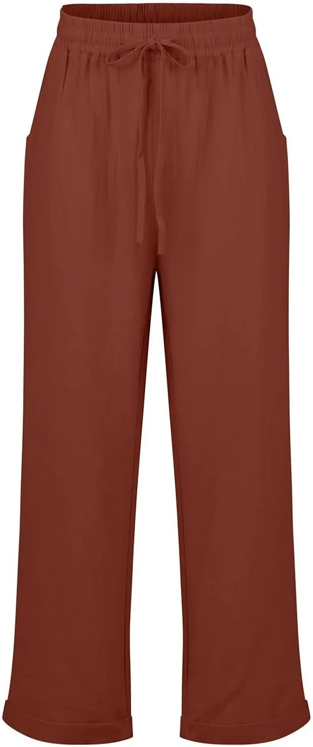 Straight Leg Linen Pants Women Summer Elastic High Waisted Beach Pants with Pockets Casual Plus Size Trousers