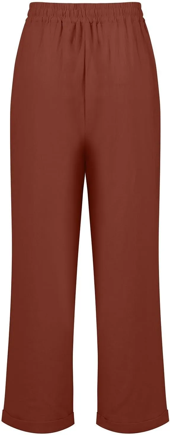 Straight Leg Linen Pants Women Summer Elastic High Waisted Beach Pants with Pockets Casual Plus Size Trousers