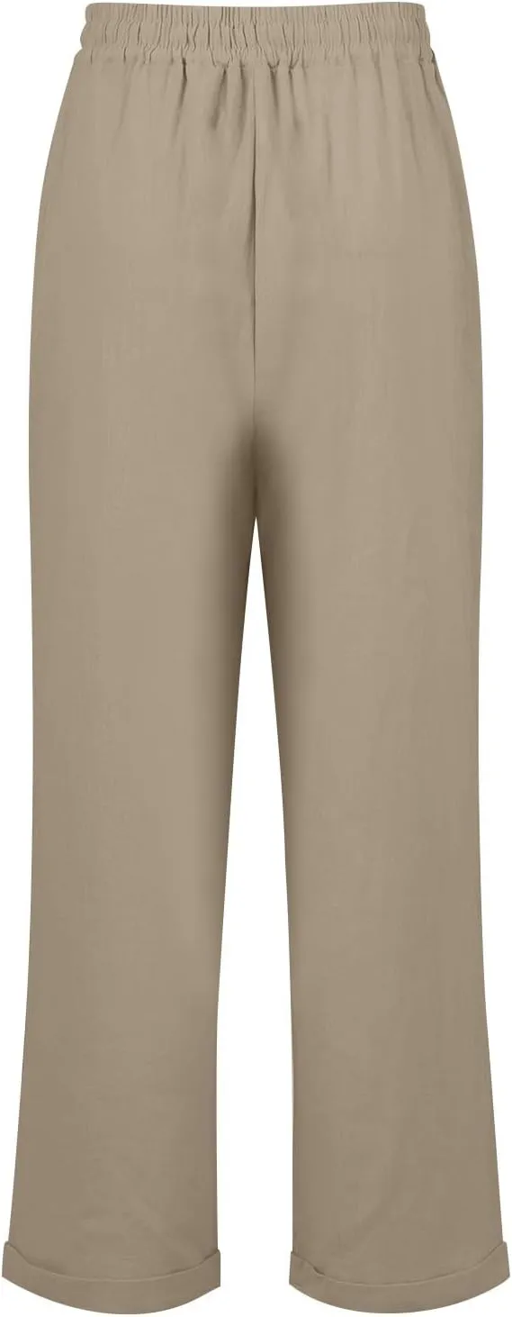 Straight Leg Linen Pants Women Summer Elastic High Waisted Beach Pants with Pockets Casual Plus Size Trousers