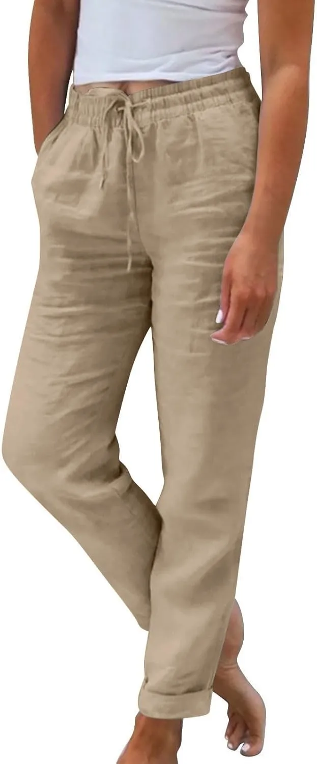 Straight Leg Linen Pants Women Summer Elastic High Waisted Beach Pants with Pockets Casual Plus Size Trousers