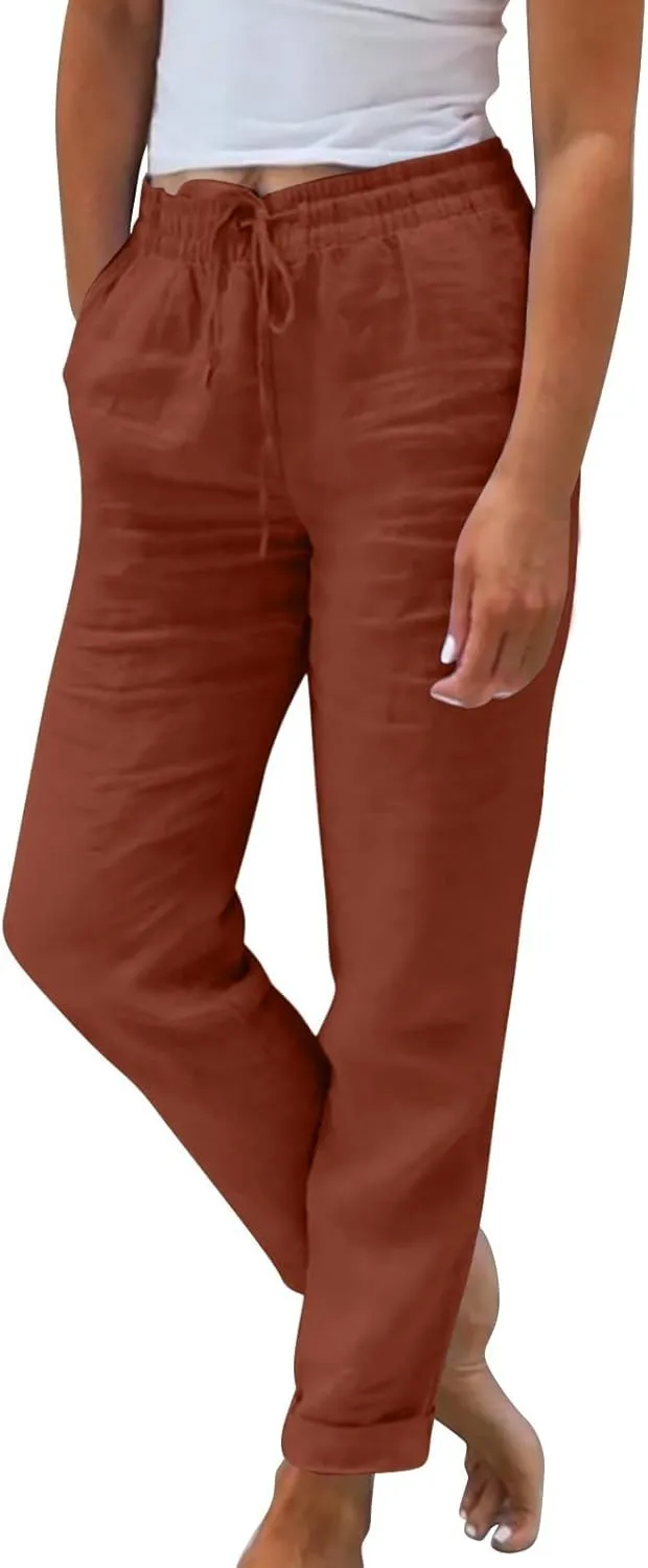 Straight Leg Linen Pants Women Summer Elastic High Waisted Beach Pants with Pockets Casual Plus Size Trousers