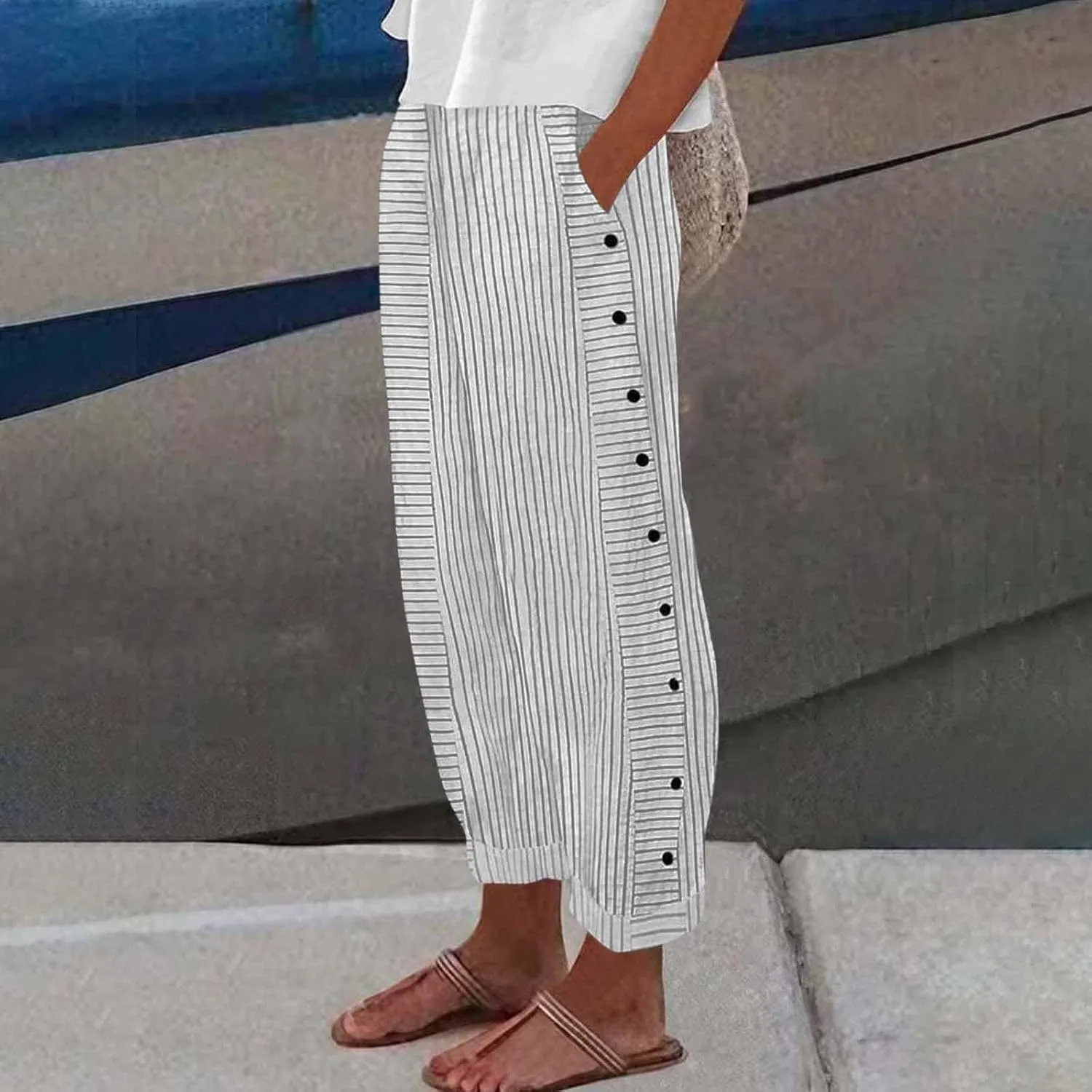 Striped Pants Women Elastic High Waisted Baggy Wide Leg Pants Vintage Cropped Trouser Lounge Pants with Pockets
