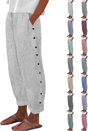 Striped Pants Women Elastic High Waisted Baggy Wide Leg Pants Vintage Cropped Trouser Lounge Pants with Pockets