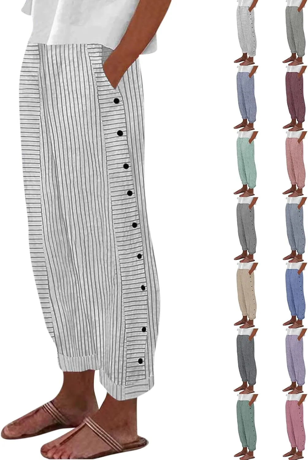 Striped Pants Women Elastic High Waisted Baggy Wide Leg Pants Vintage Cropped Trouser Lounge Pants with Pockets