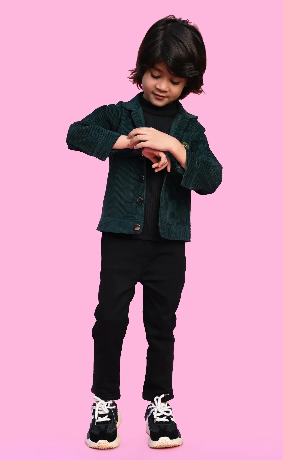 Stylish green coudroy jacket set  with tshirt & pant  for boys