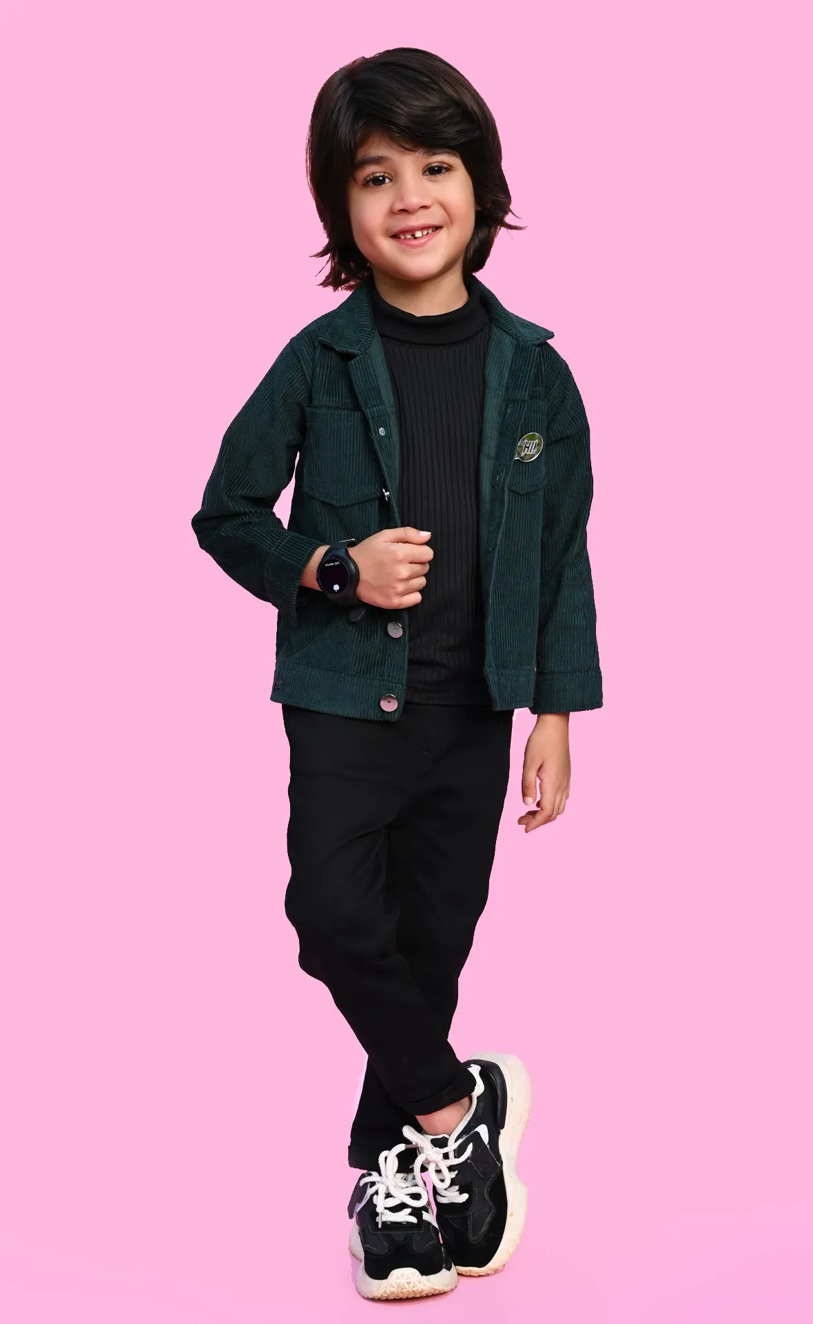Stylish green coudroy jacket set  with tshirt & pant  for boys