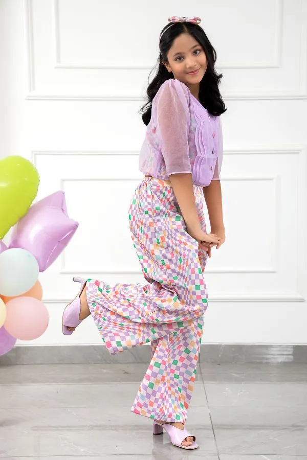 Stylish Scalaped Organza top with multicolour pants