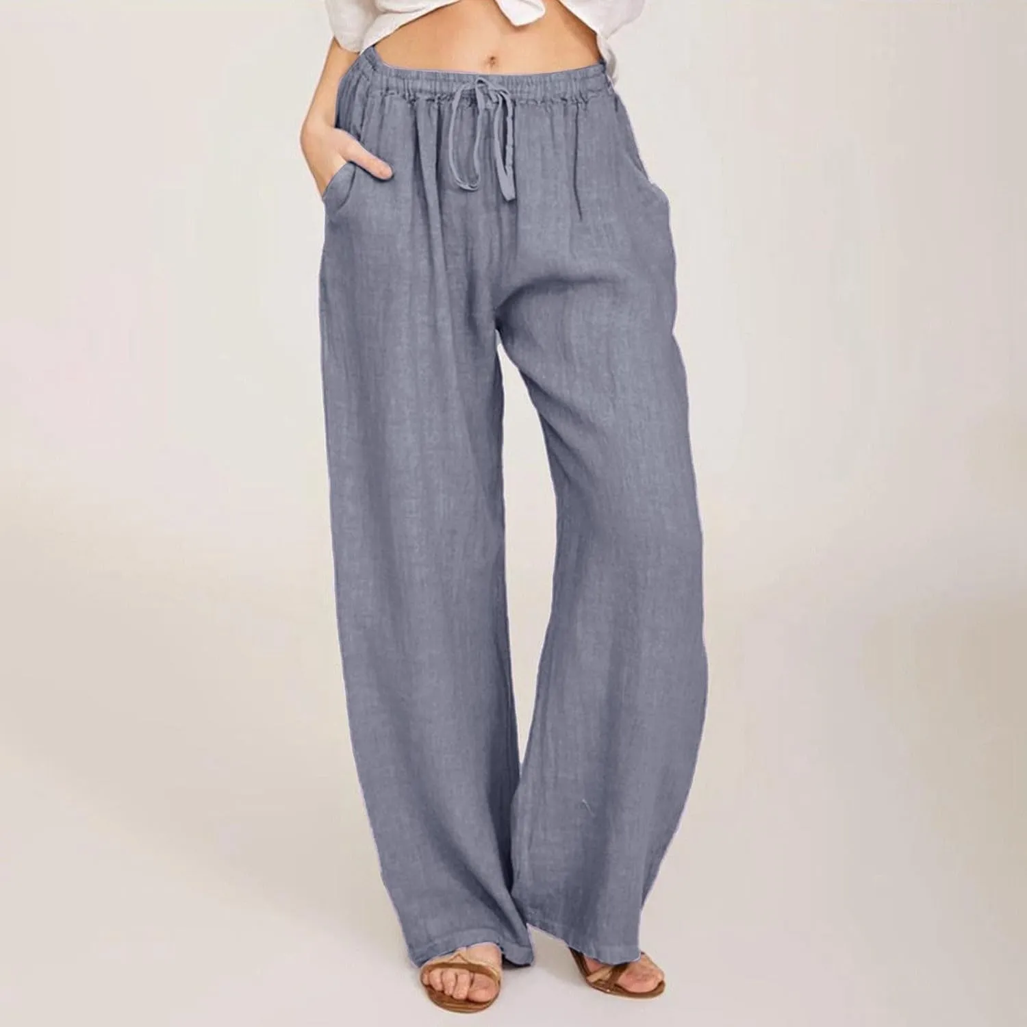 Sweatpants Women Cargo High Waisted,Pants Waist, Cotton Linen Wide Leg Trousers with Pockets Petite