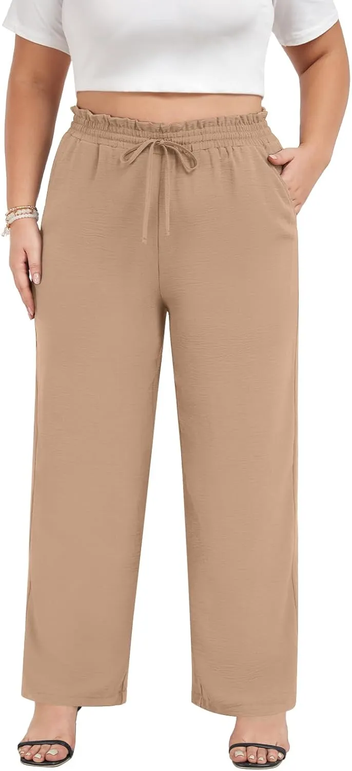 syoss Women's Plus Size Pants High Waist Adjustable Knot Lounge Pants Straight Long Trousers with Pockets