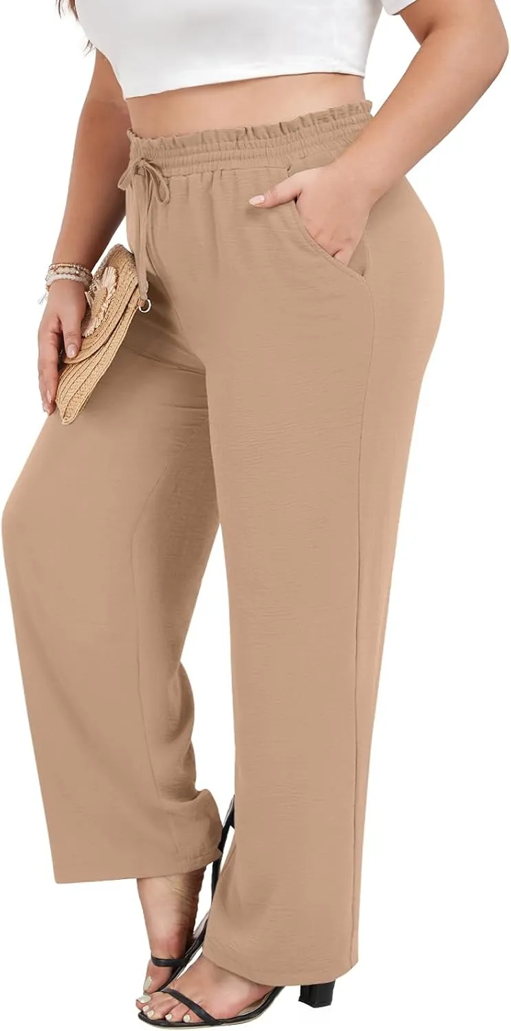 syoss Women's Plus Size Pants High Waist Adjustable Knot Lounge Pants Straight Long Trousers with Pockets