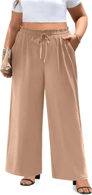 syoss Women's Plus Size Pants High Waist Adjustable Knot Lounge Pants Straight Long Trousers with Pockets